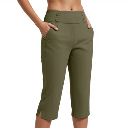 Pantalón Capri Juliana™ con Cintura Alta, Botones y Bolsillos Laterales