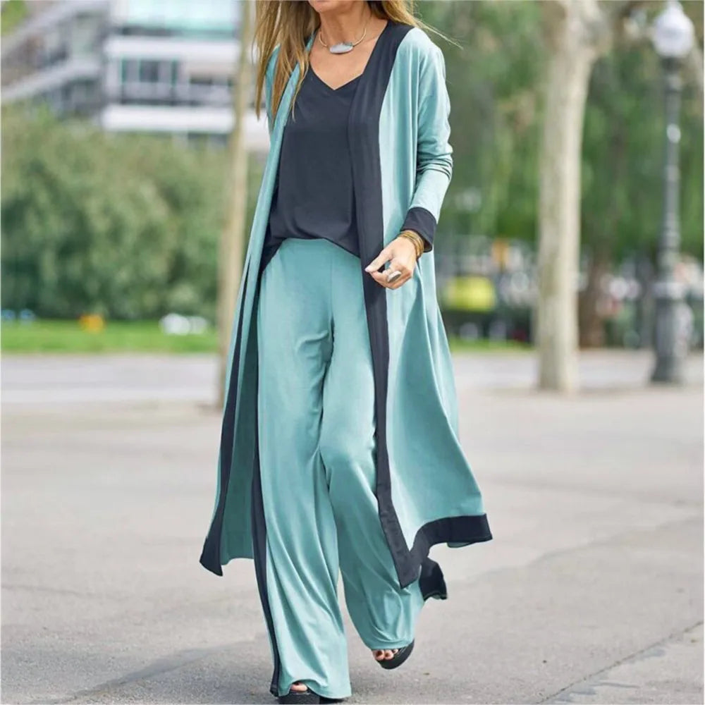 Conjunto Seravelle™ con Cárdigan Largo, Blusa de Escote en V y Pantalón Palazzo