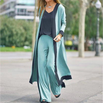 Conjunto Seravelle™ con Cárdigan Largo, Blusa de Escote en V y Pantalón Palazzo
