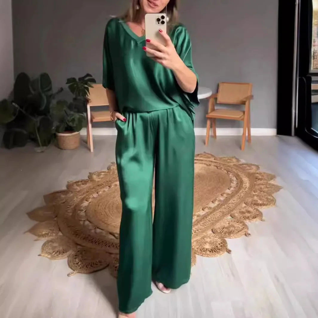 Conjunto Marevielle™ De Tela Satinada Con Blusa Amplia y Pantalón Palazzo Fluido