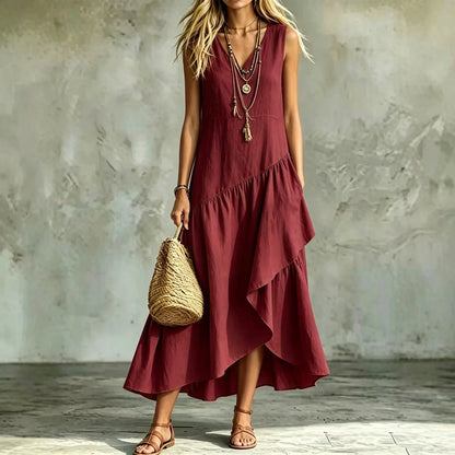 Vestido Liorah™ con Escote en V y Falda Asimétrica de Capas Fluidas