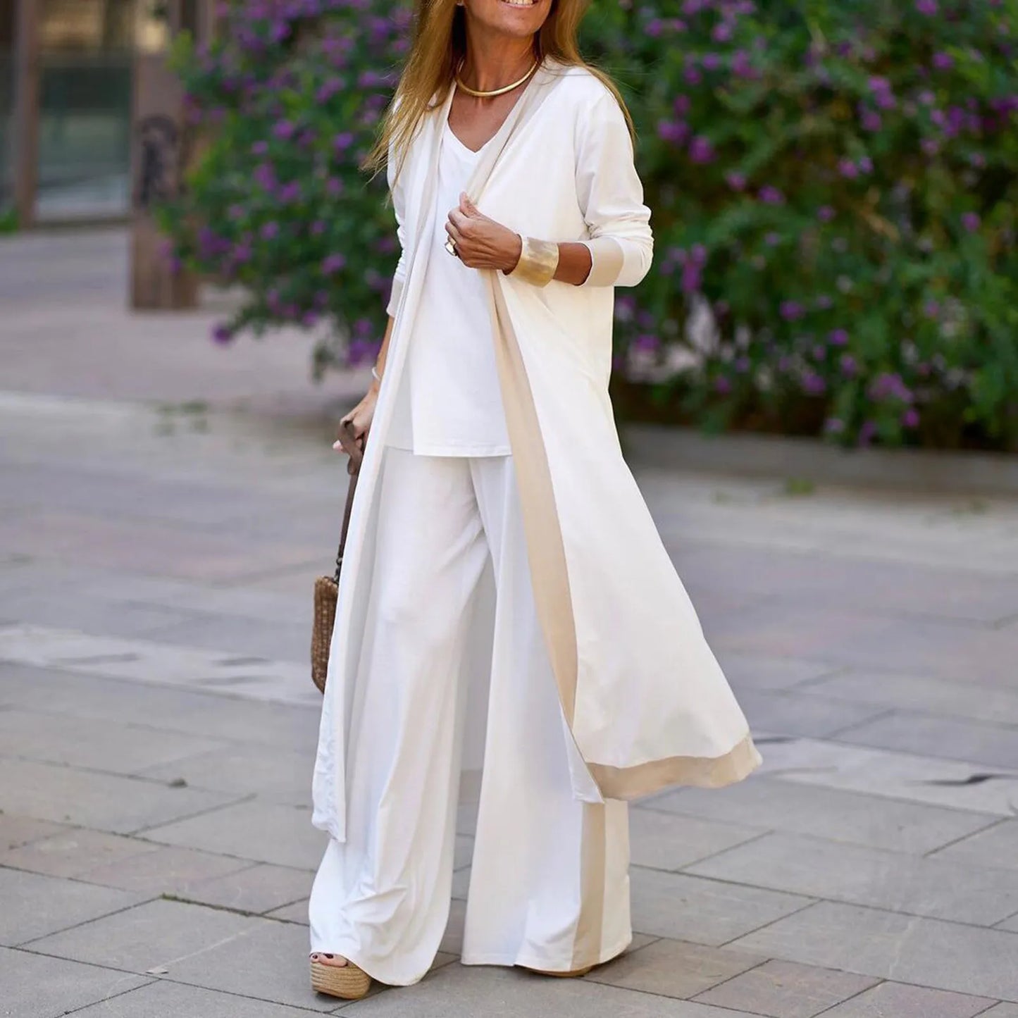 Conjunto Seravelle™ con Cárdigan Largo, Blusa de Escote en V y Pantalón Palazzo