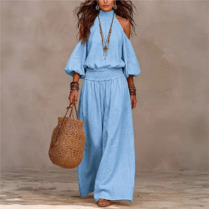 Conjunto Oceane™ con Blusa de Hombros Descubiertos y Pantalón Palazzo con Cintura Fruncida.
