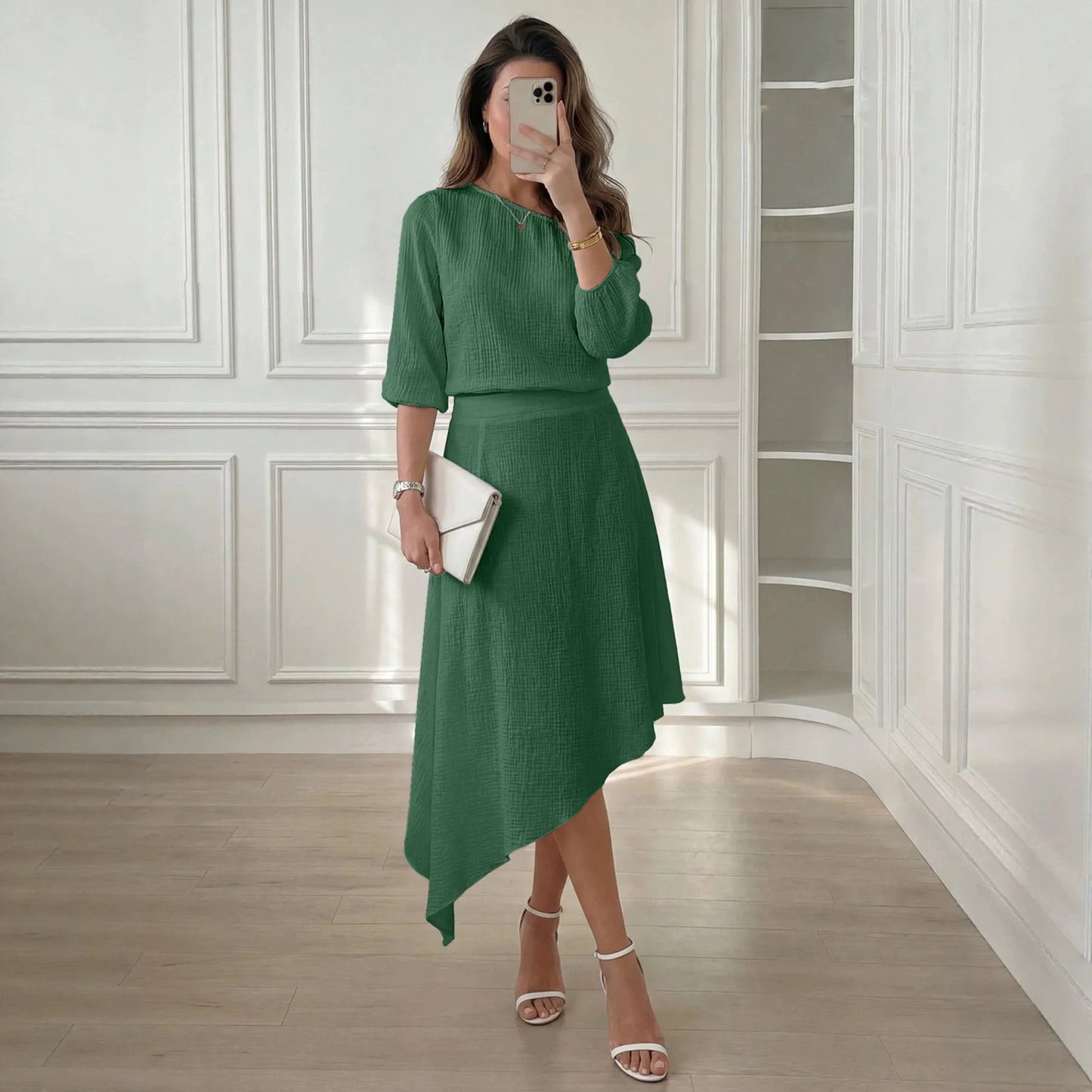 Conjunto Carmela™ con Blusa de Un Hombro, Tejido Texturizado y Falda de Caída Fluida