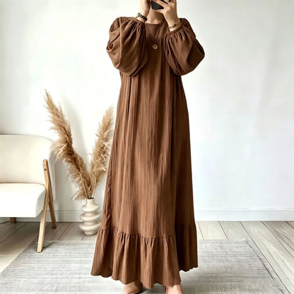 Vestido Ariella™ con Mangas Voluminosas, Corte Amplio y Bajo con Volante