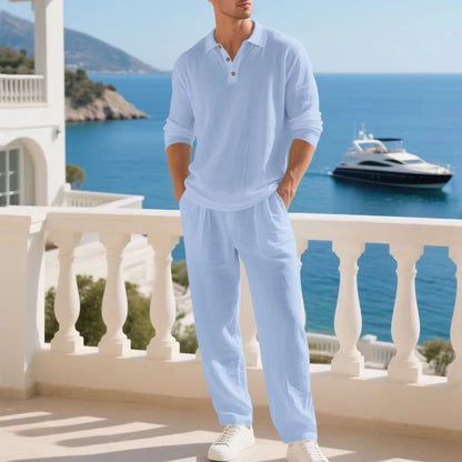 Conjunto Bellaro™ de Algodón y Lino, Polo de Manga Larga y Pantalón de Caída Fluida