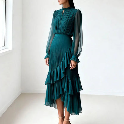 Vestido Lioren™ con Plisado Sofisticado y Volantes Asimétricos
