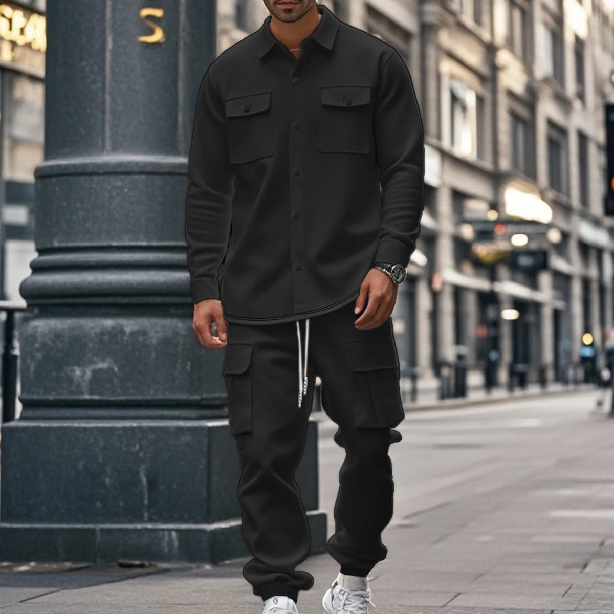 Conjunto Leandro™ de Felpa con Camisa de Manga Larga y Pantalón Cargo