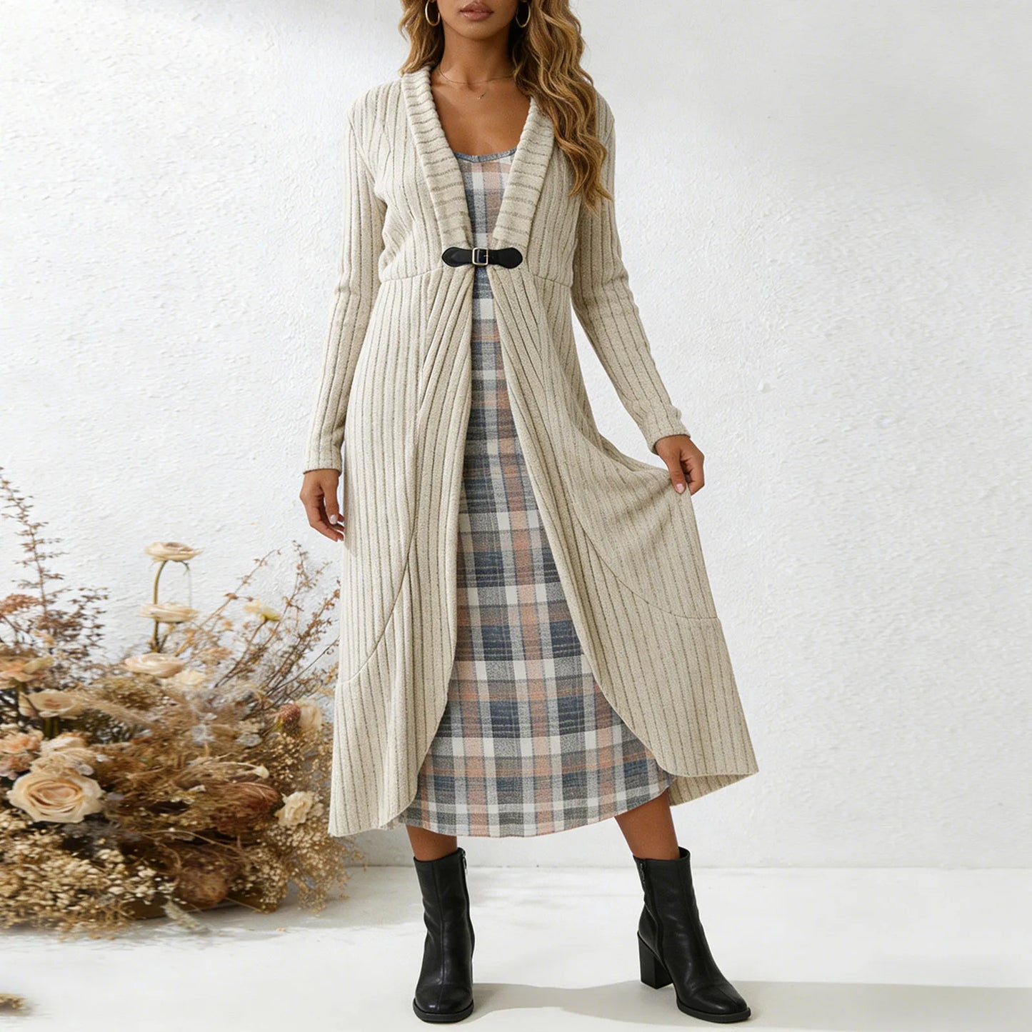 Conjunto Aurenza™ Con Vestido Cuadros y Cárdigan Largo de Punto