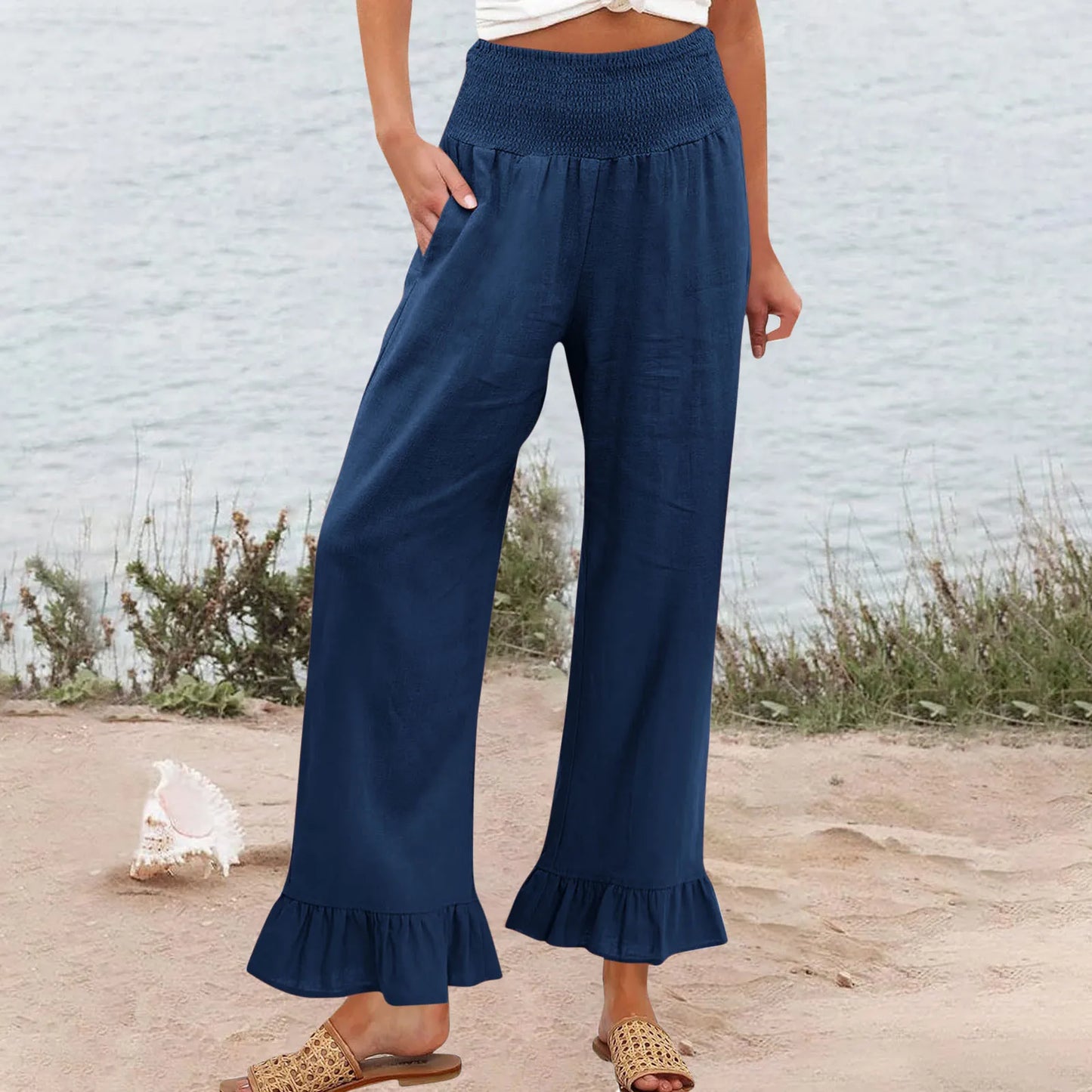 Pantalón Brisa™ con Cintura Alta Fruncida, Mezcla de Lino y Bajo con Volante