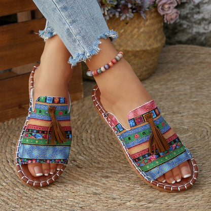Sandalia Marivelle™ Con Estampado Étnico y Flecos Decorativos