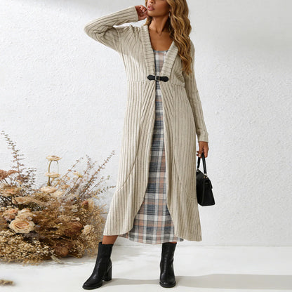 Conjunto Aurenza™ Con Vestido Cuadros y Cárdigan Largo de Punto