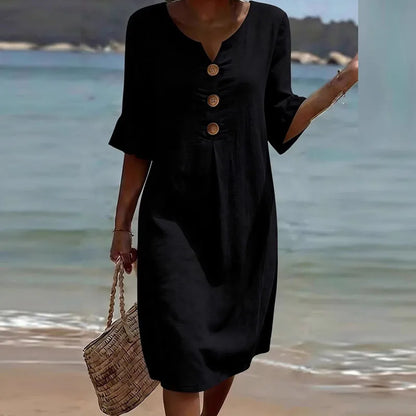 Vestido Liora™ de Algodón y Lino con Botones Frontales y Caída Fluida