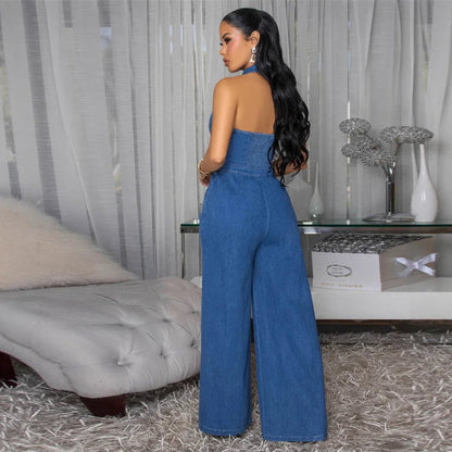 Mono Vaquero Dendara™ con Cuello Halter, Cintura Marcada y Pantalón Palazzo