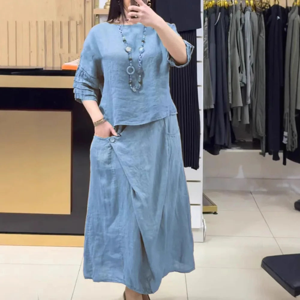 Conjunto Bellarive™ En Lino de Algodón Con Blusa Amplia y Falda Cruzada