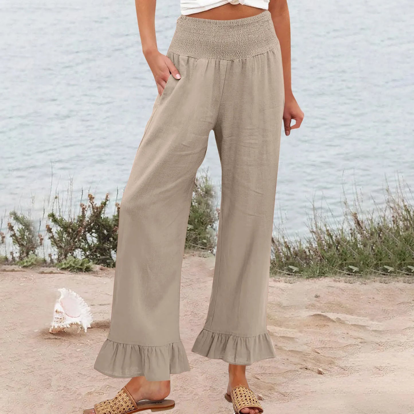 Pantalón Brisa™ con Cintura Alta Fruncida, Mezcla de Lino y Bajo con Volante