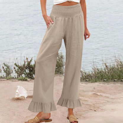 Pantalón Brisa™ con Cintura Alta Fruncida, Mezcla de Lino y Bajo con Volante