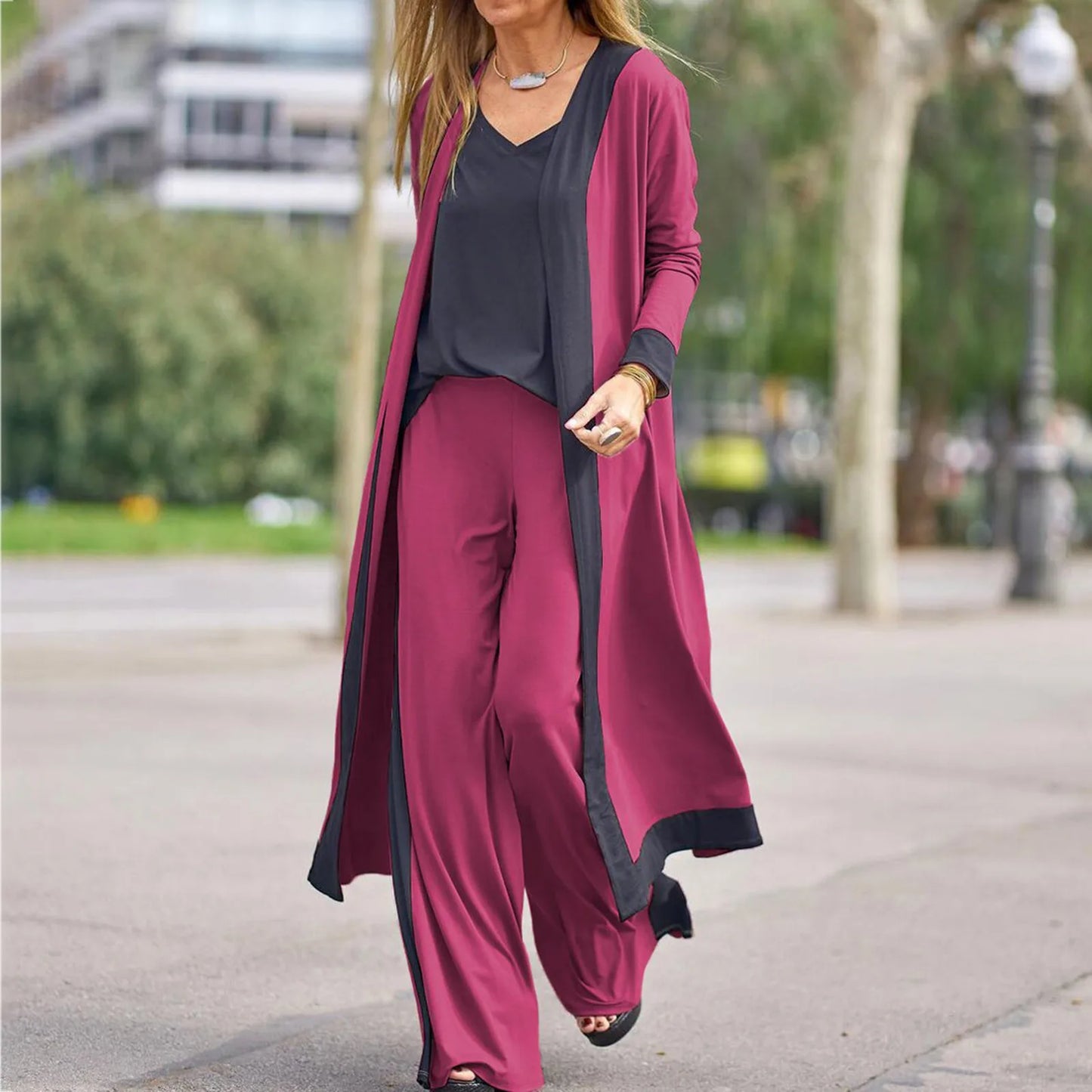 Conjunto Seravelle™ con Cárdigan Largo, Blusa de Escote en V y Pantalón Palazzo