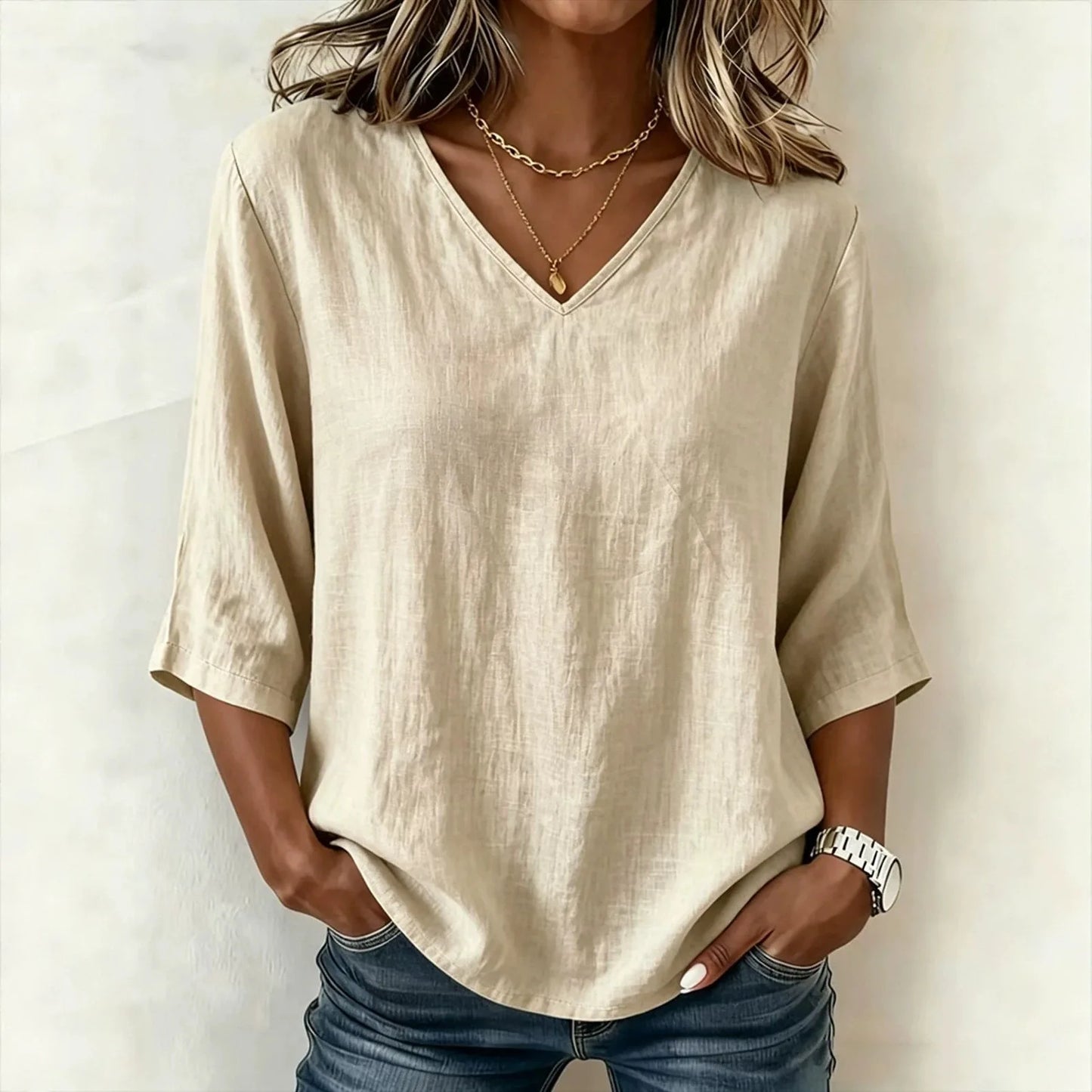 Blusa Renata™ de Lino y Algodón con Diseño Minimalista, Escote V y Manga Tres Cuartos
