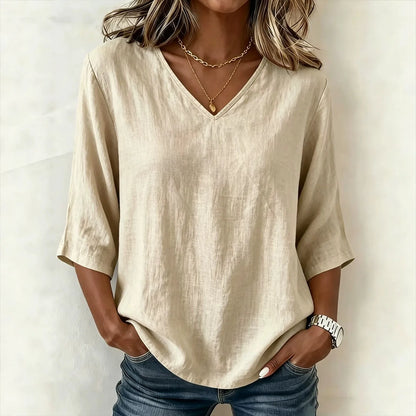 Blusa Renata™ de Lino y Algodón con Diseño Minimalista, Escote V y Manga Tres Cuartos