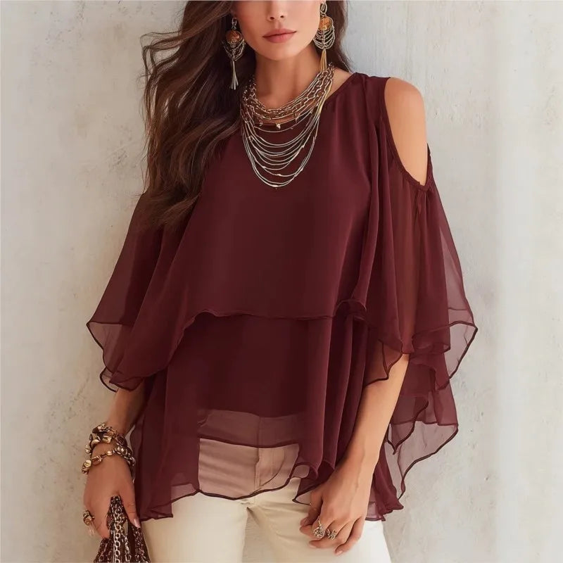 Blusa Irene™ con Mangas Amplias, Hombros Descubiertos y Volantes