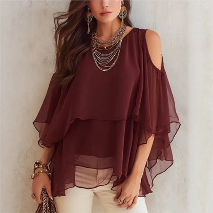 Blusa Irene™ con Mangas Amplias, Hombros Descubiertos y Volantes