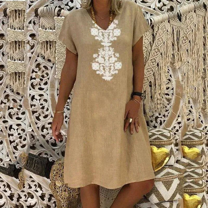 Vestido Midi Zarelle™ con Estampado Ornamental, Escote em V y Corte Amplio / Sofisticación Fresca Que Estiliza la Figura con Elegancia