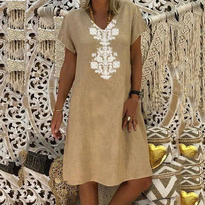 Vestido Midi Zarelle™ con Estampado Ornamental, Escote em V y Corte Amplio / Sofisticación Fresca Que Estiliza la Figura con Elegancia