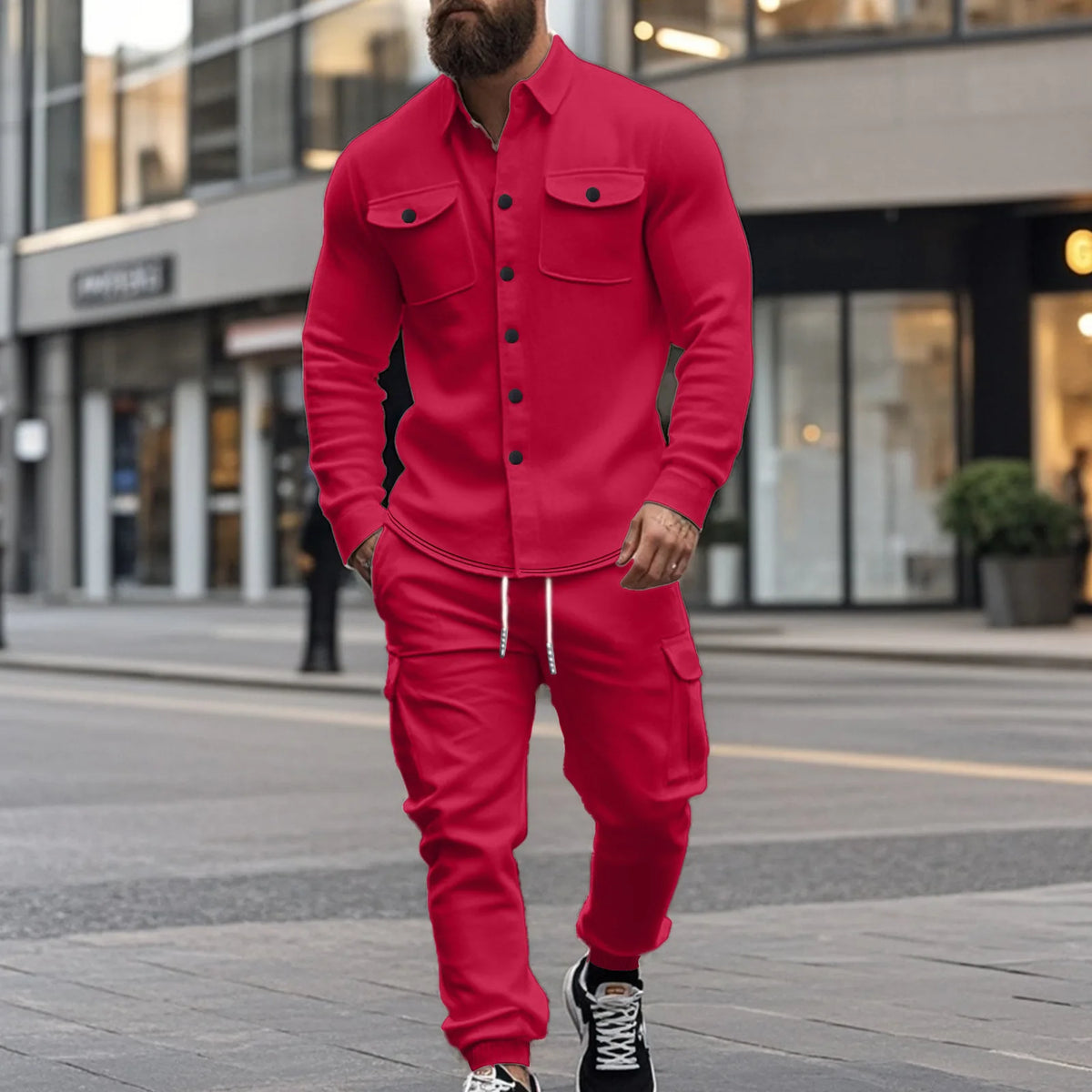 Conjunto Leandro™ de Felpa con Camisa de Manga Larga y Pantalón Cargo