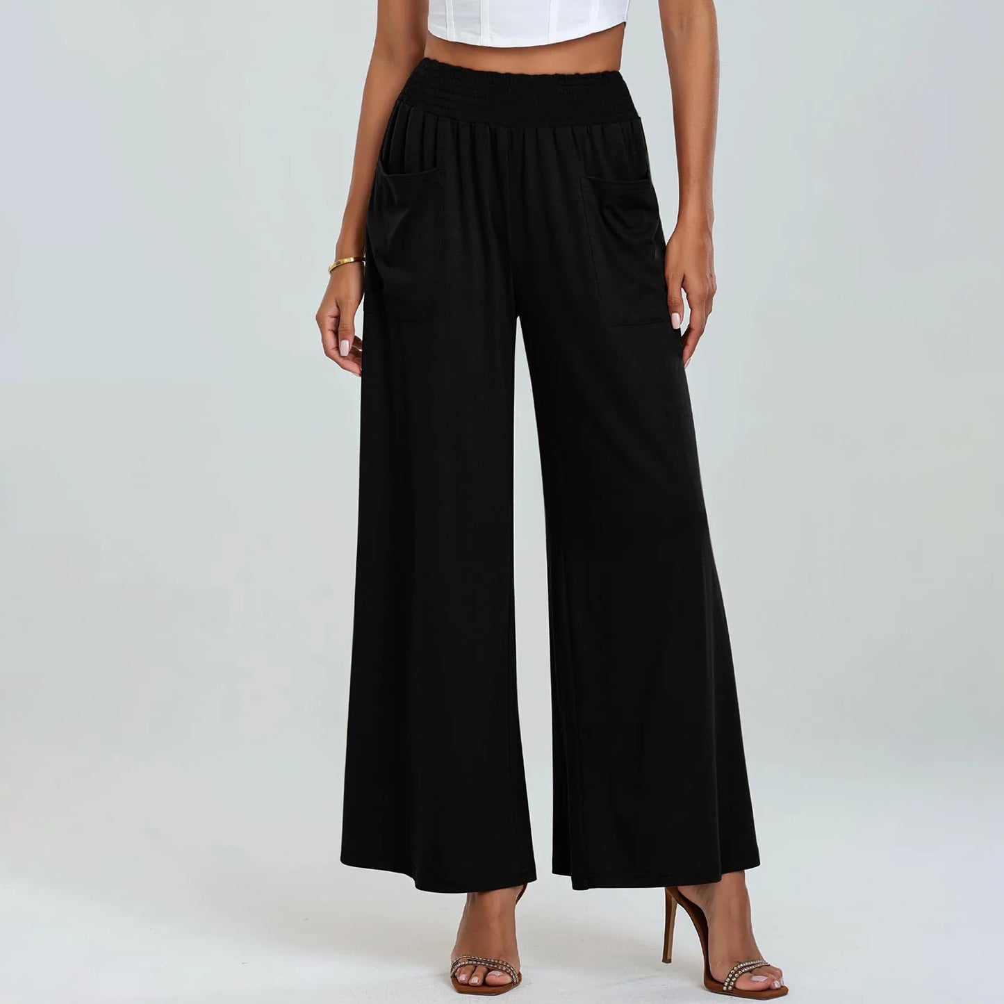 Pantalón Lissara™ De Cintura Alta Con Bolsillos Drapeados Y Corte Palazzo
