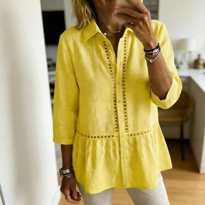 Camisa Fiorelly™ Con Cuello Clásico, Detalles Calados Y Bajo Amplio