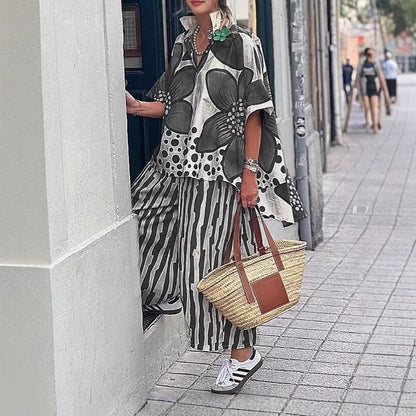 Conjunto Vionelle™ Con Camisa Floral Estampada Y Pantalón De Rayas De Corte Suelto