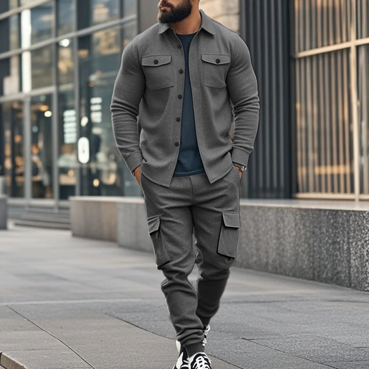Conjunto Leandro™ de Felpa con Camisa de Manga Larga y Pantalón Cargo