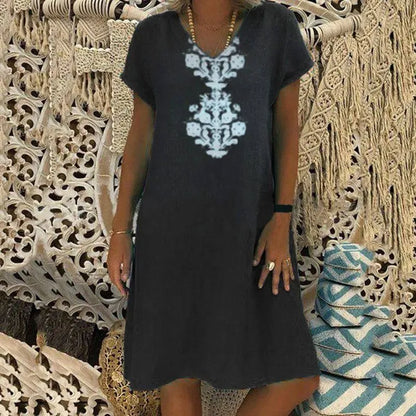 Vestido Midi Zarelle™ con Estampado Ornamental, Escote em V y Corte Amplio / Sofisticación Fresca Que Estiliza la Figura con Elegancia