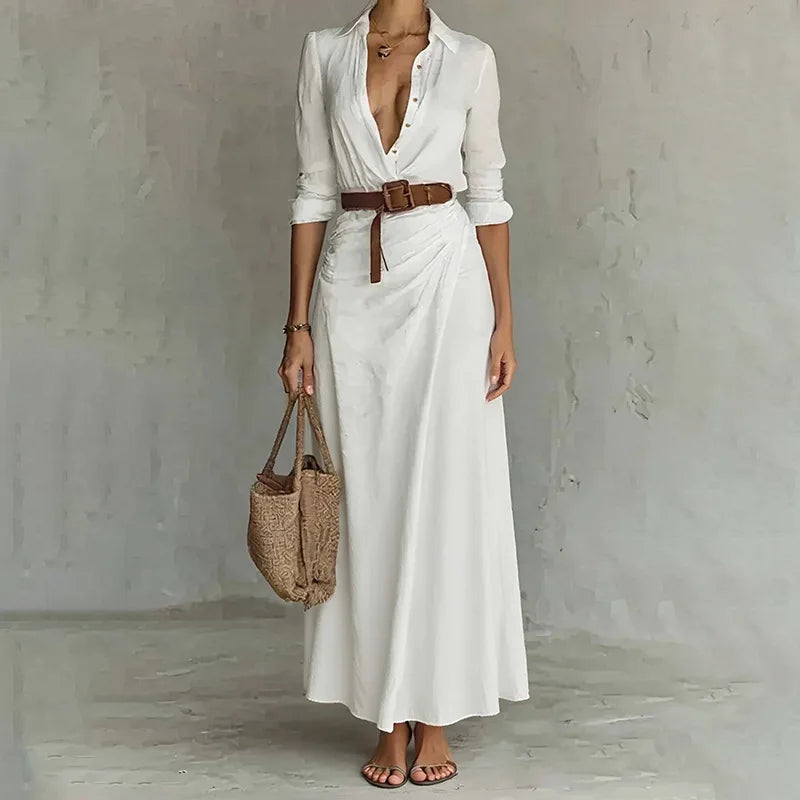 Vestido Marenza™ con Cuello Camisero, Cinturón Incluido y Silueta Larga