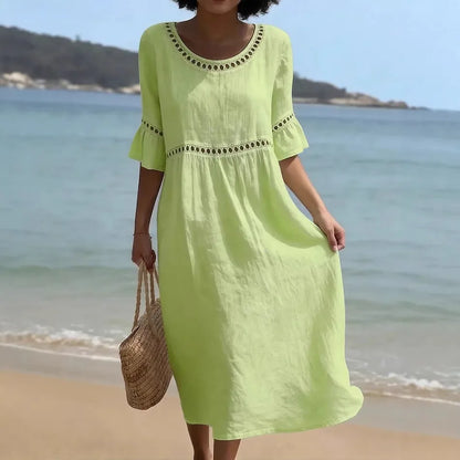 Vestido Mireza™ de Lino y Algodón con Detalles Calados y Mangas con Volante