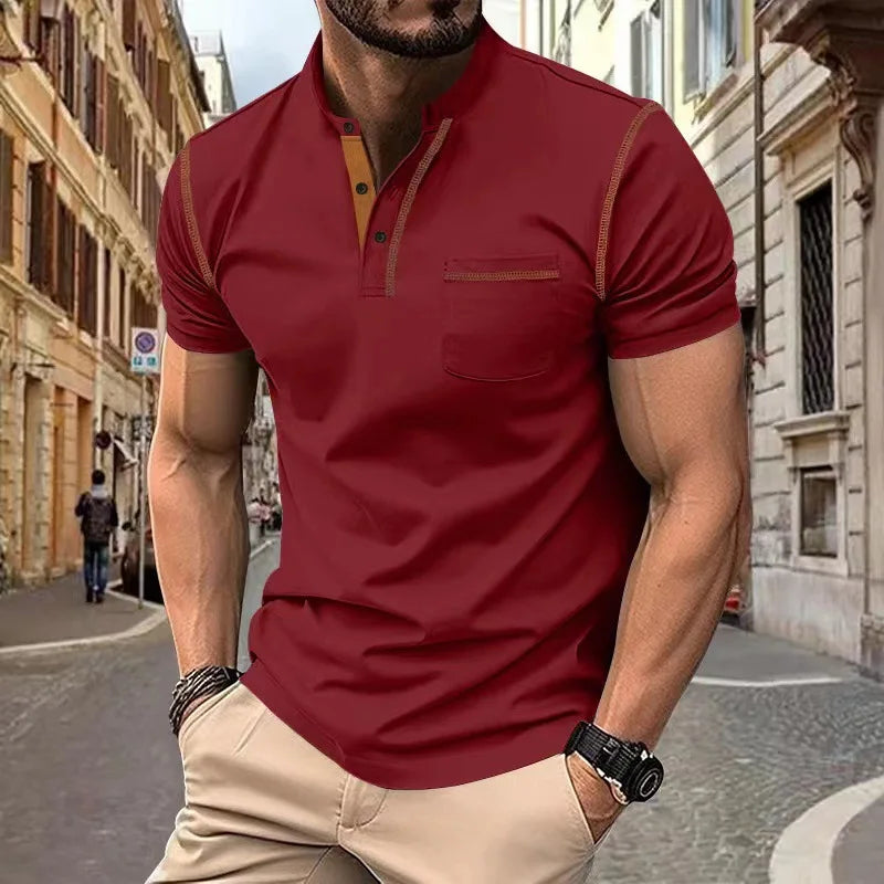 Camiseta Casual Tavren™ con Cuello Mao y Acabado en Contraste