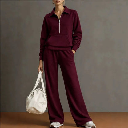 Conjunto Norelle™ con Blusa de Medio Cierre, Bolsillo Canguro y Pantalón de Corte Amplio