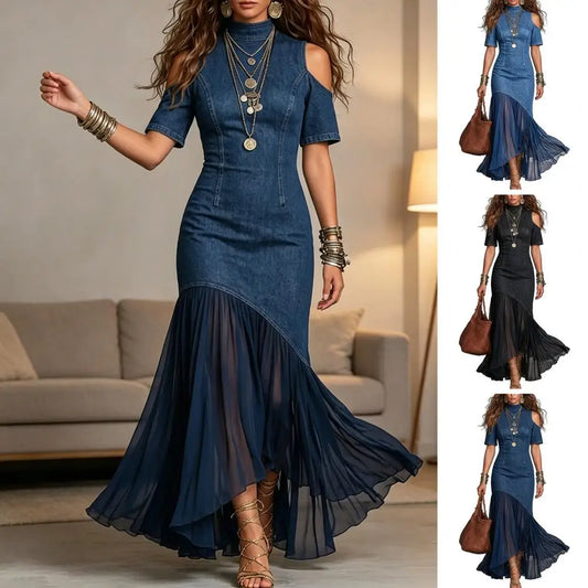 Vestido Largo Montclair™ de Denim Premium con Hombros Descubiertos y Falda Fluida Semitransparente