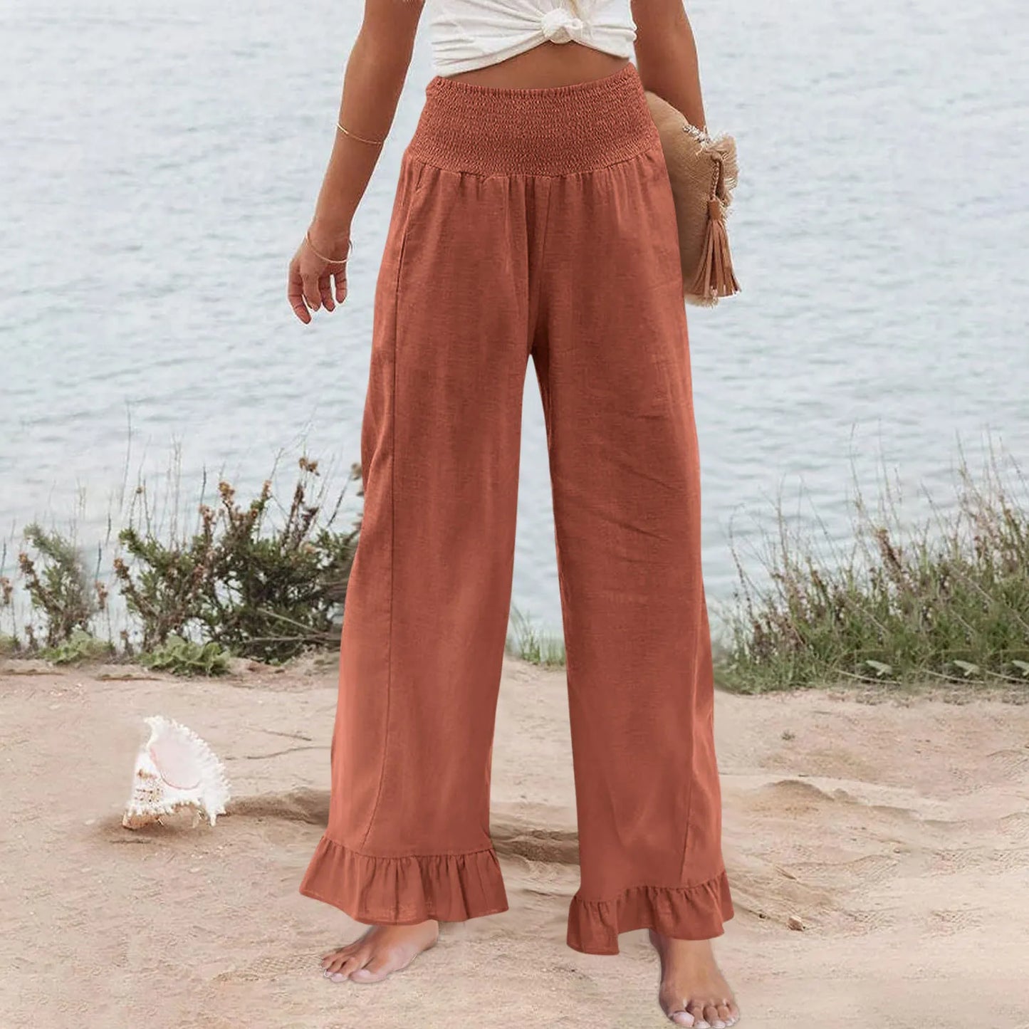 Pantalón Brisa™ con Cintura Alta Fruncida, Mezcla de Lino y Bajo con Volante