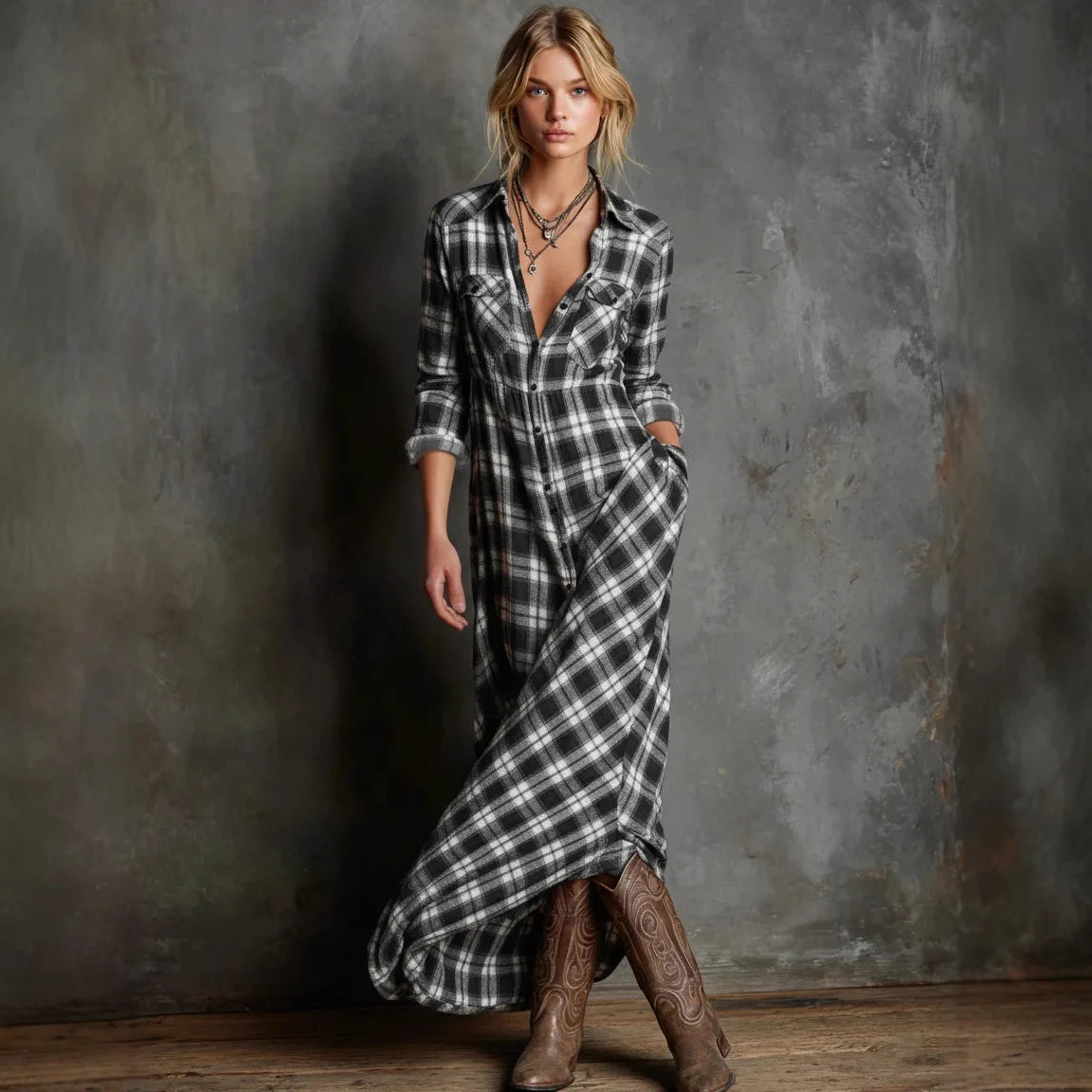 Vestido Valdine™ de Manga Larga con Estampado de Cuadros y Botones Frontales
