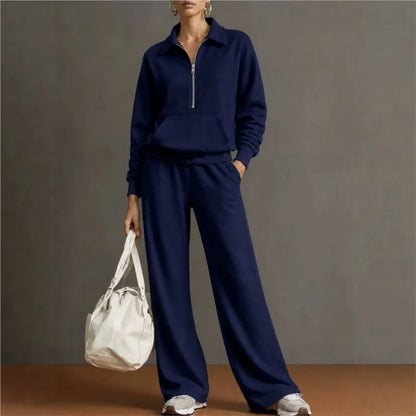 Conjunto Norelle™ con Blusa de Medio Cierre, Bolsillo Canguro y Pantalón de Corte Amplio