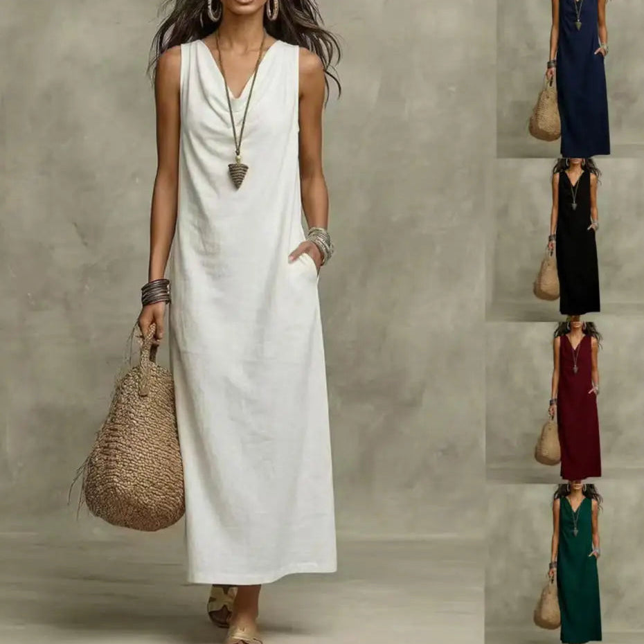 Vestido Largo Aveline™ con Escote Drapeado y Bolsillos Laterales