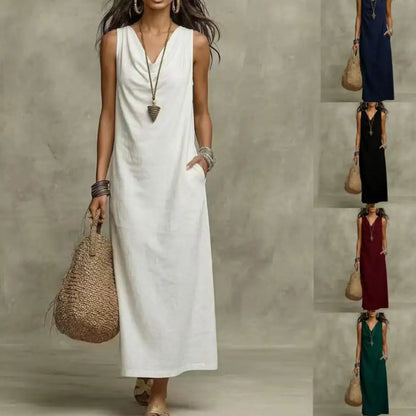 Vestido Largo Aveline™ con Escote Drapeado y Bolsillos Laterales
