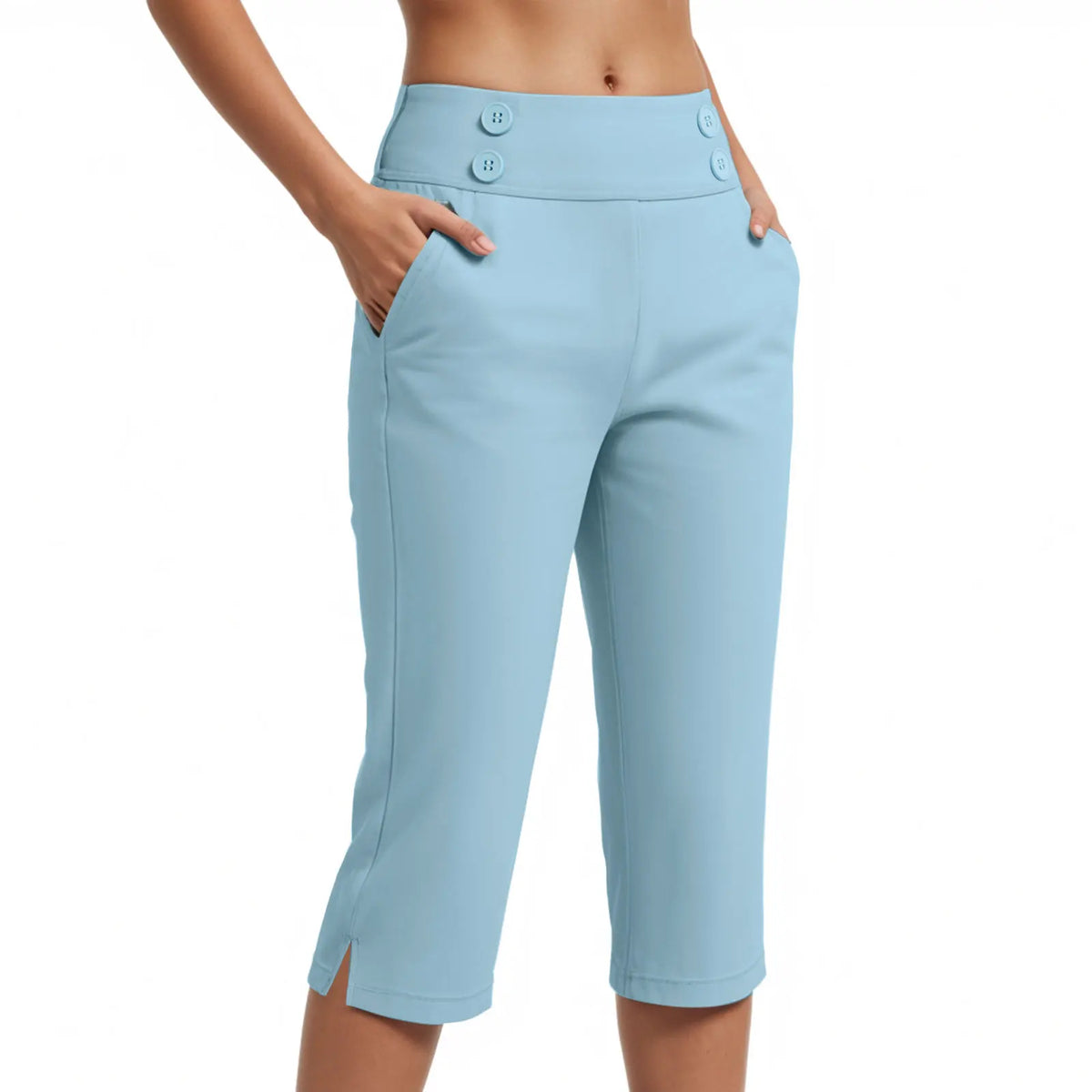 Pantalón Capri Juliana™ con Cintura Alta, Botones y Bolsillos Laterales