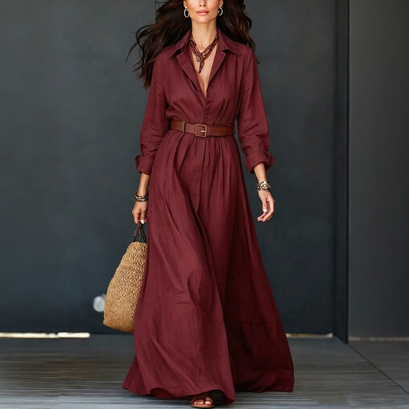 Vestido Delfina™ con Cuello Elegante, Botones Minimalistas y Cinturón de Regalo