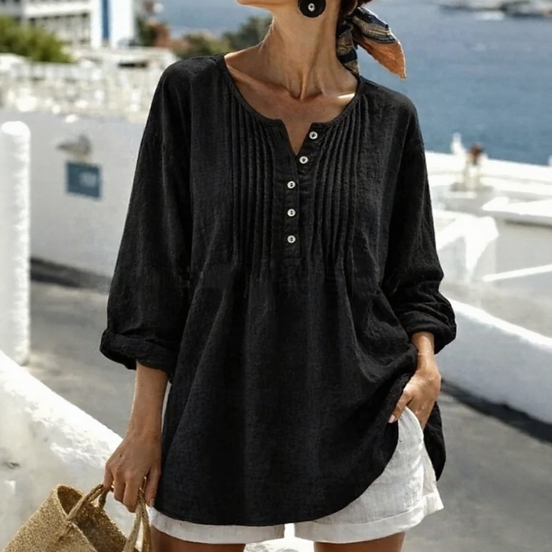 Blusa Nerea™ con Plisado Frontal, Botones en el Escote y Corte Amplio