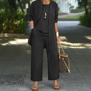 Conjunto Jade™ Minimalista de 3 Piezas con Pantalón Palazzo y Cárdigan Largo