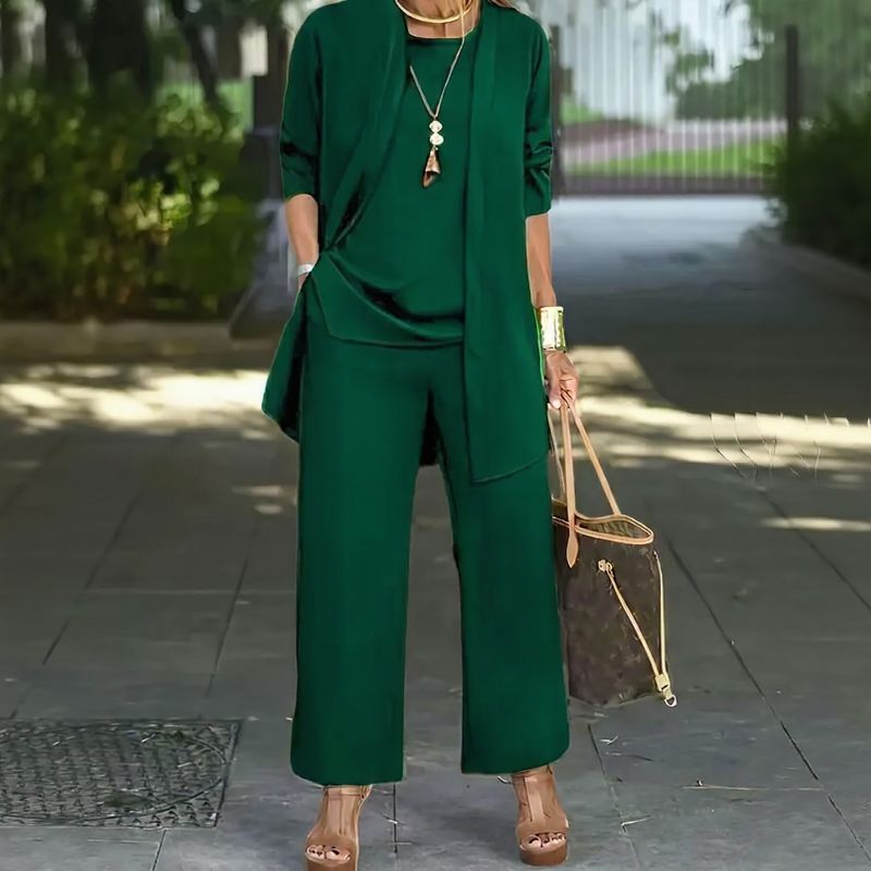 Conjunto Jade™ Minimalista de 3 Piezas con Pantalón Palazzo y Cárdigan Largo
