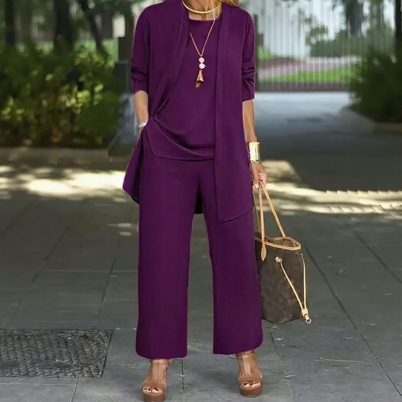 Conjunto Jade™ Minimalista de 3 Piezas con Pantalón Palazzo y Cárdigan Largo